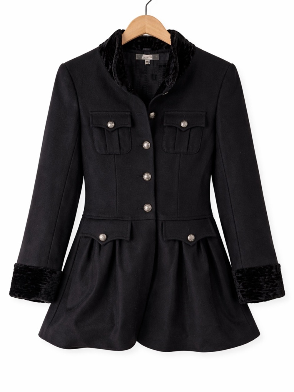 Junior Gaultier Black Peplum Pea Coat with Velvet Trim Size 8 Luxury Classic